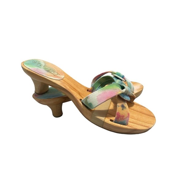 Studio Delman Handcrafted in Spain Suede Slides Sandals Tie Dye Wood Heel Size 9 - Picture 3 of 11